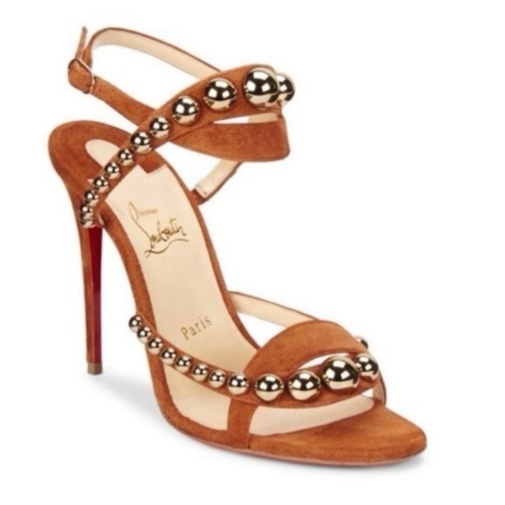 Christian Louboutin Galeria 100mm Cognac Suede studded Heels Sandals EU 37 - Picture 2 of 14